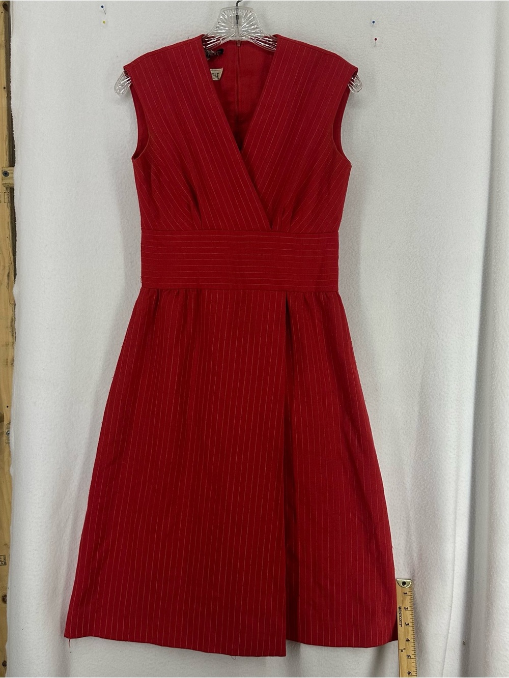 Vintage DW3 Red Pinstripe Wrap Sheath Midi Dress Women’s Size Small